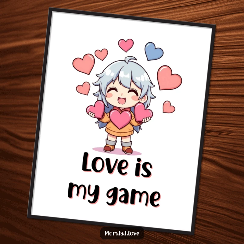 Funny Anime Poster print of a character with a wide grin, adeptly juggling numerous hearts, a charming display of affection.