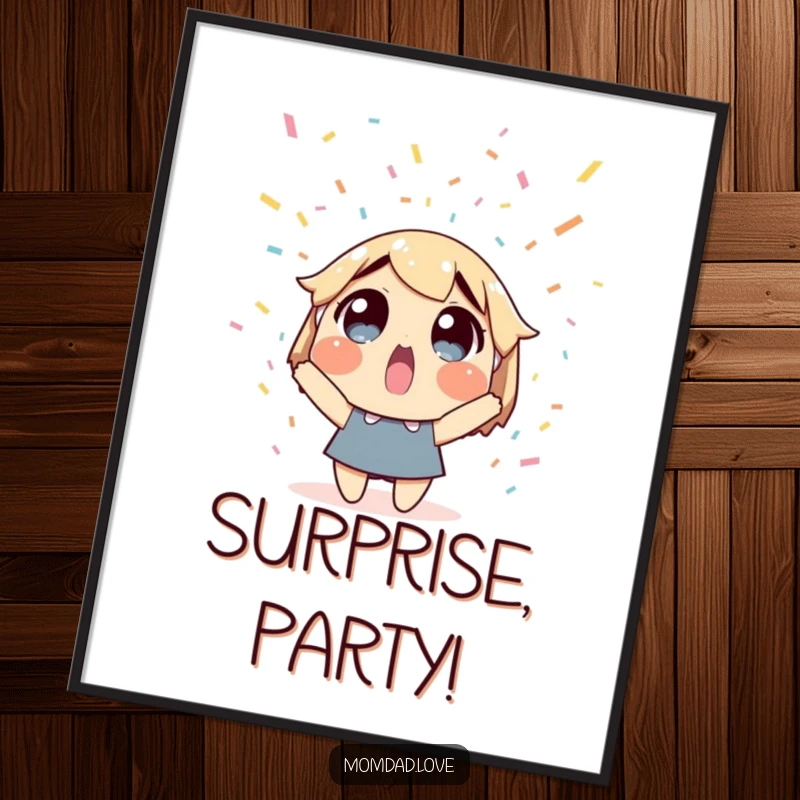 Funny poster depicting a surprised character looking up at happily falling confetti. Ideal festive decor.