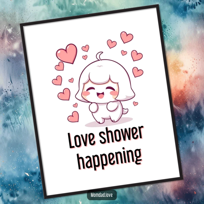 Funny kawaii character giggling surrounded by falling hearts, a delightful and humorous poster art print.