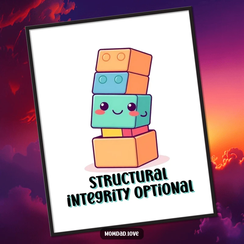 Funny poster print of a wobbly building block tower with a gentle smile, creating a humorous and uplifting visual statement for any room.