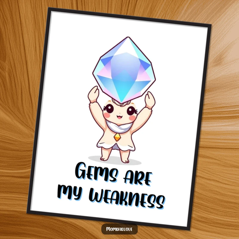 Funny Poster: A charming character triumphantly holds a colossal, luminous gem, celebrating a wonderful find.