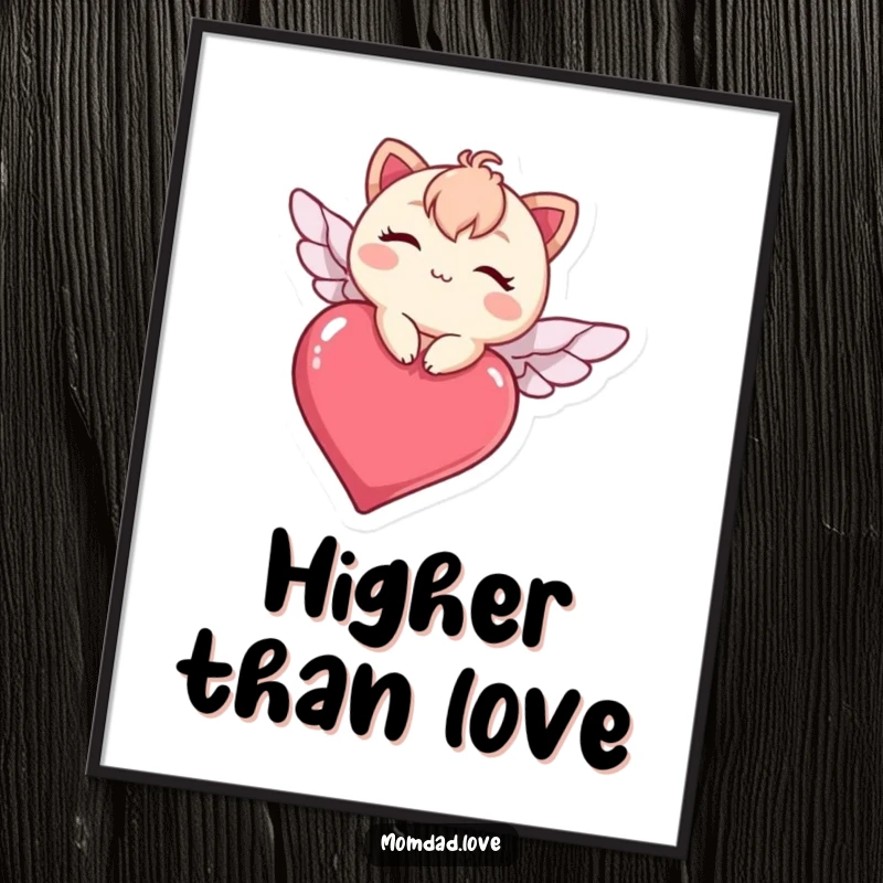 Funny kawaii character winking, flying on a heart, a delightful and humorous poster art print for decoration.