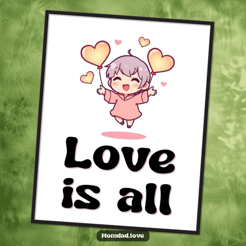 Funny poster of a tiny character happily juggling three glowing hearts, symbolizing love, joy, and vibrant energy for any room's decor.