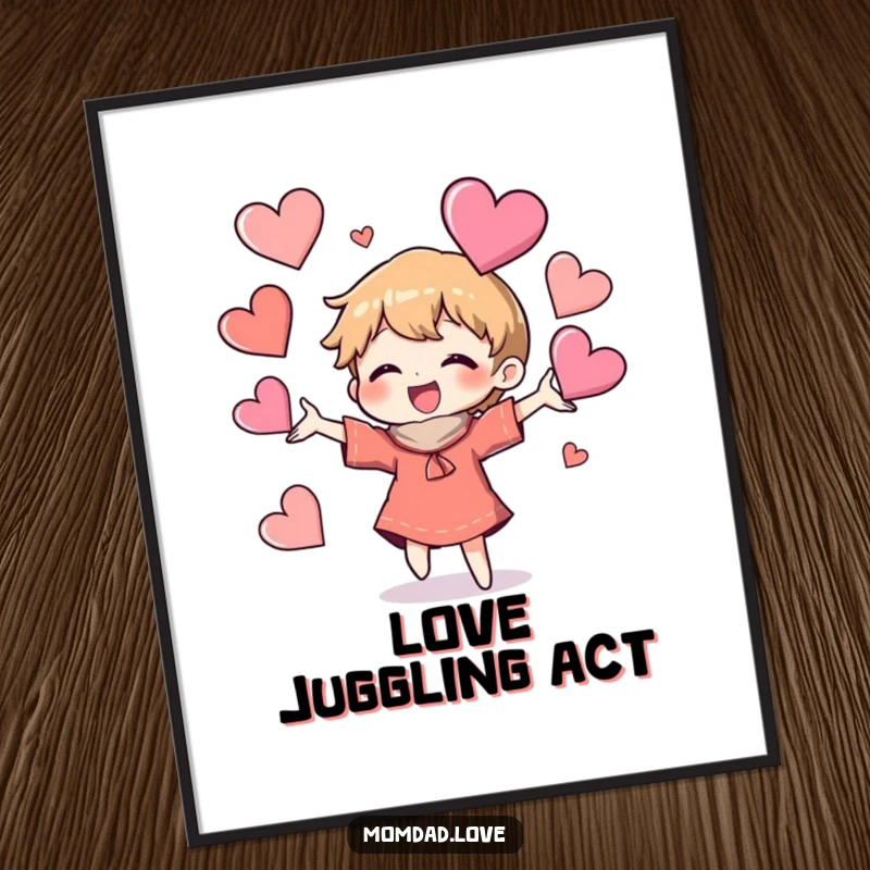 Funny Poster: Whimsical character joyfully juggling mismatched heart shapes, perfect wall art and funny gift idea.