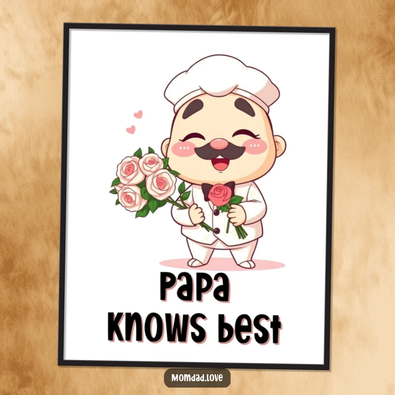 Funny anime papa poster of a winking dad character holding a bouquet, charming and humorous wall decor.