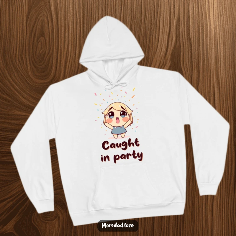 Funny and cozy hoodie with a surprised character under a happy confetti rain. Comfortable birthday or party wear.