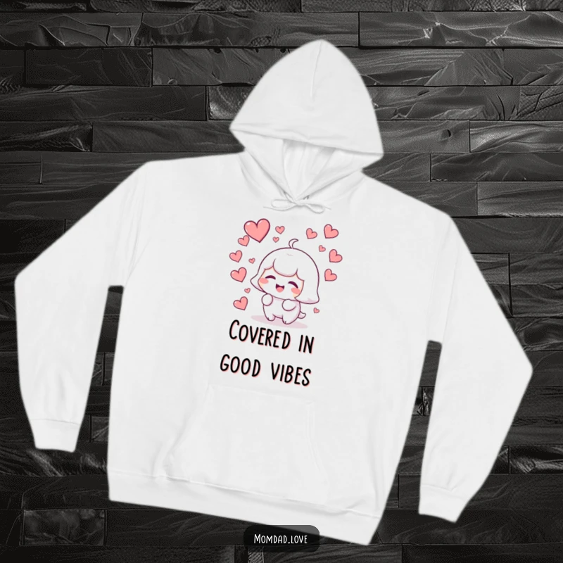 Funny kawaii character giggling amidst a shower of hearts, a soft and humorous hoodie for ultimate comfort.