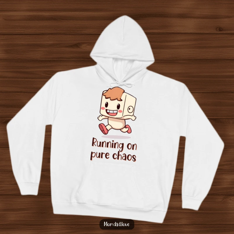 Funny Hoodie illustrating a small, blocky character with a wide grin, comically tripping over their own feet.