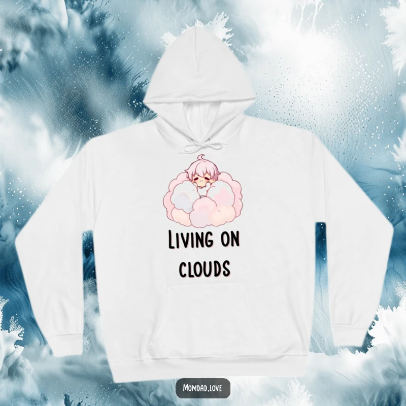 Funny Hoodie: Character tumbling into soft clouds, providing cozy comfort and a touch of dreamy humor.