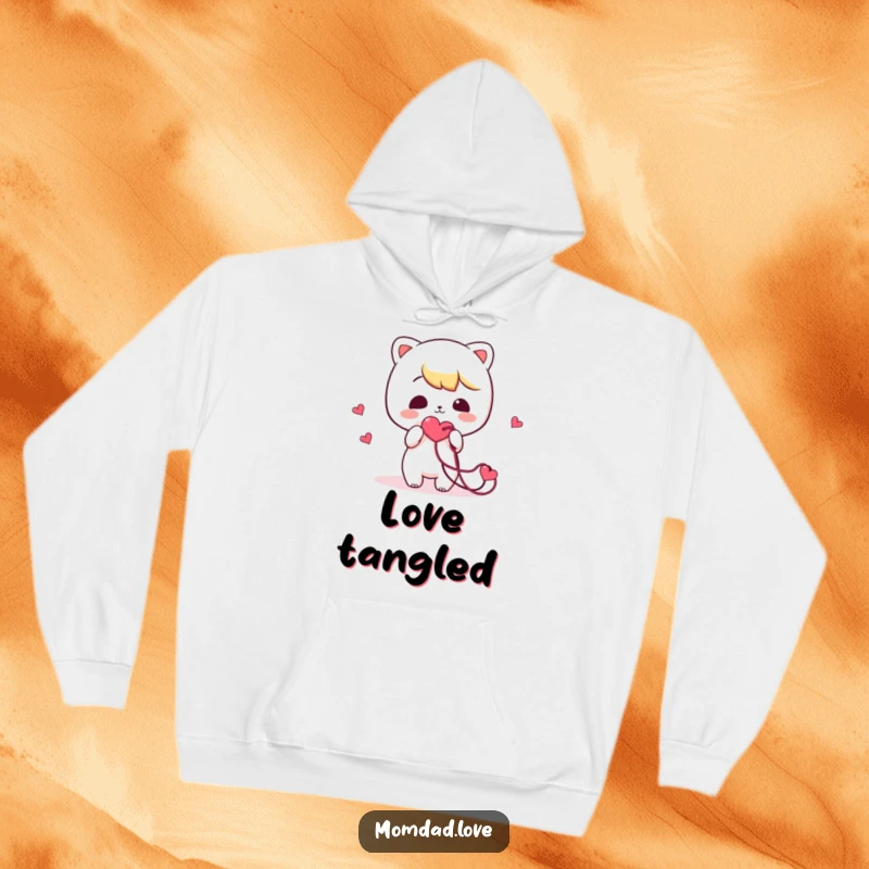 Funny Hoodie: Features a cute kawaii character humorously offering a tangled heart string, perfect for cozy, comical moments.