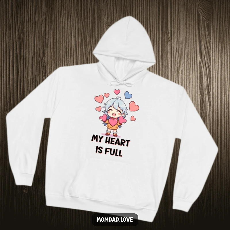 Funny Anime Hoodie featuring a character grinning while juggling multiple hearts, a warm and loving design for comfort.