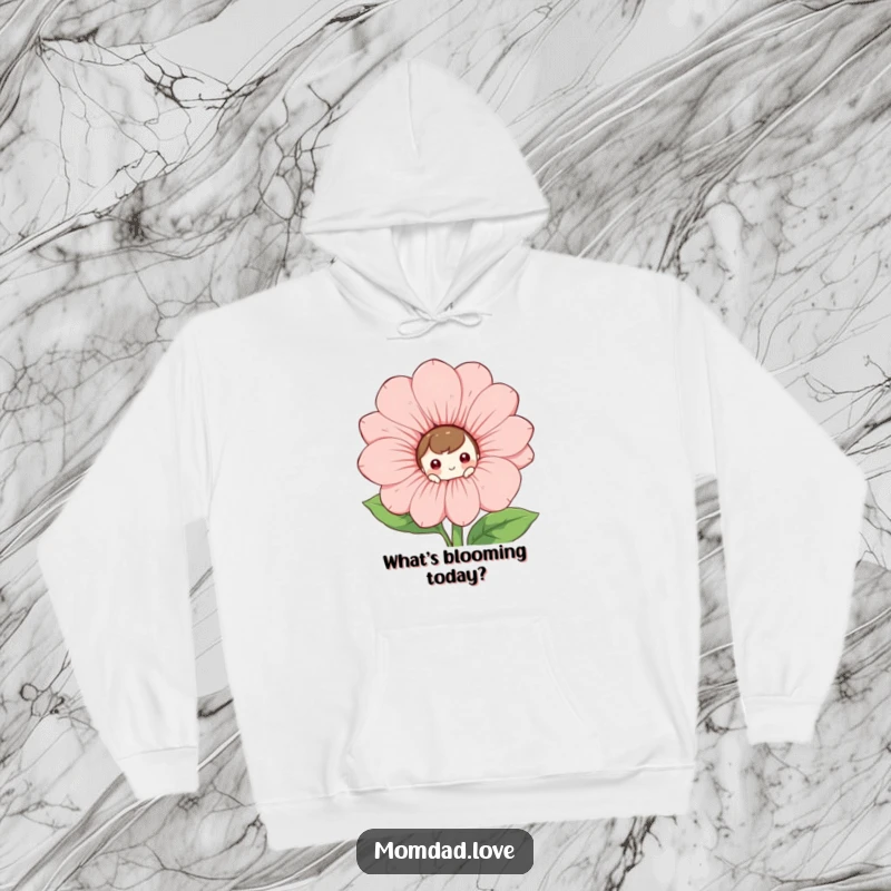 Funny Hoodie: A curious character hides behind a giant, smiling flower, offering a playful glimpse.