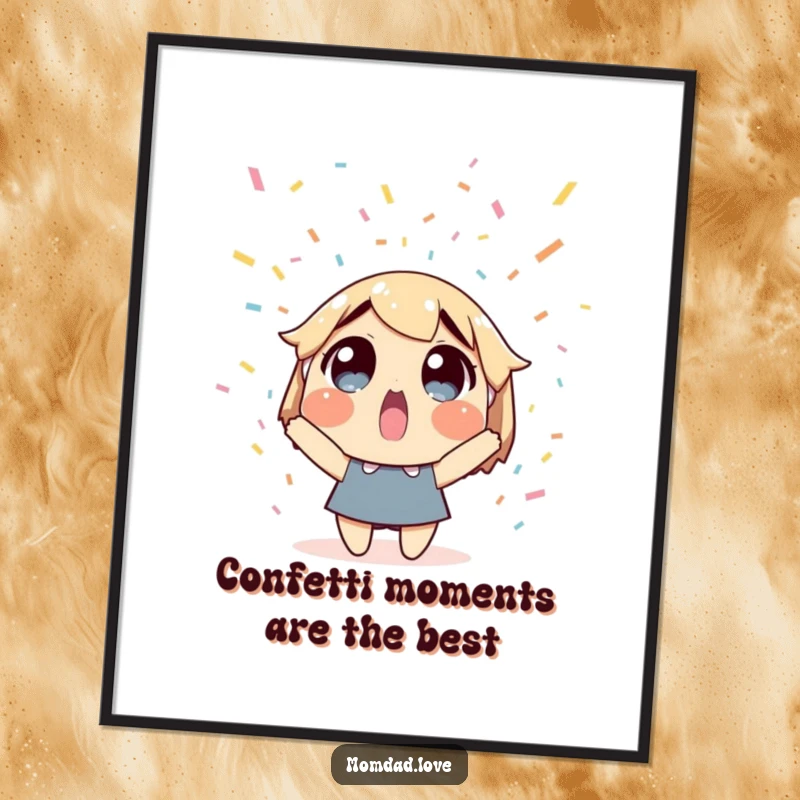 Funny free printable wall art: a character looking up in delighted surprise as festive confetti falls around them.