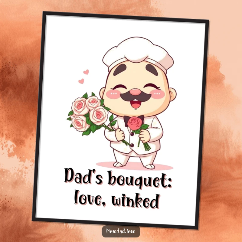 Free Printable Wall Art: A charismatic anime papa character winks playfully while holding a decorative bouquet of flowers.
