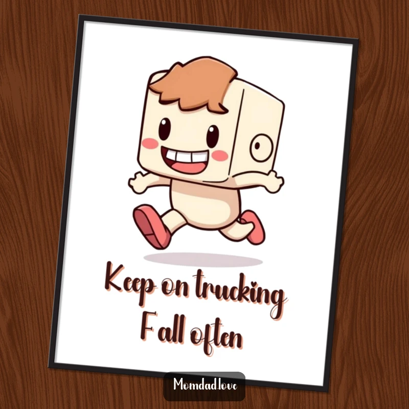 Funny Free Printable Wall Art: A small blocky character with a wide grin playfully trips while running, a comical addition to any room.