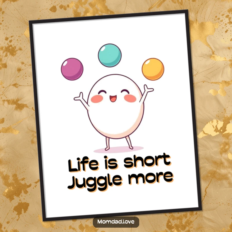 Funny Free Printable Wall Art: A round character with small limbs excitedly juggles three bright balls, a dynamic and cheerful piece.