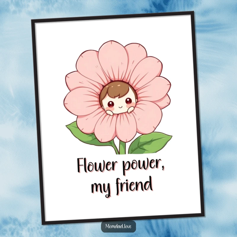 Funny Free Printable Wall Art: Curious character peeking playfully from behind a giant, smiling flower, adding whimsy.