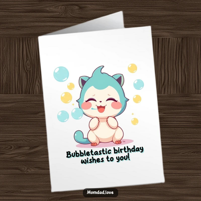 Funny Free Printable Birthday Card of a cute creature giggling, blowing colorful bubbles, spreading joy and laughter for a special occasion.