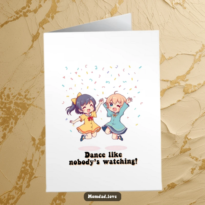 Funny Free Printable Birthday Card: Two anime characters dancing wildly under a confetti shower, celebrating with pure energy.