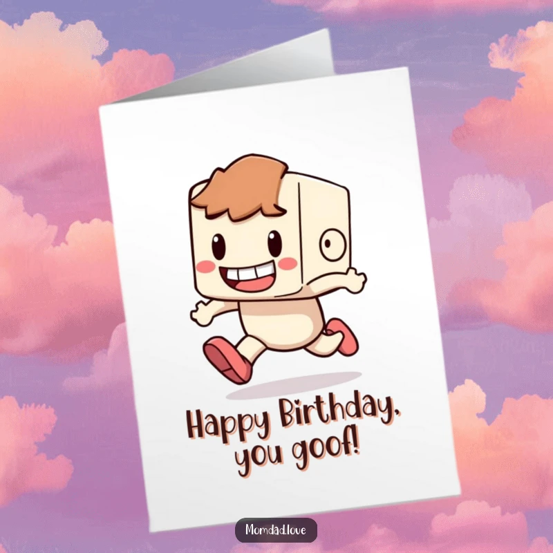 Funny Free Printable Birthday Card: A small blocky character with a wide grin playfully trips while running, a comical birthday greeting.