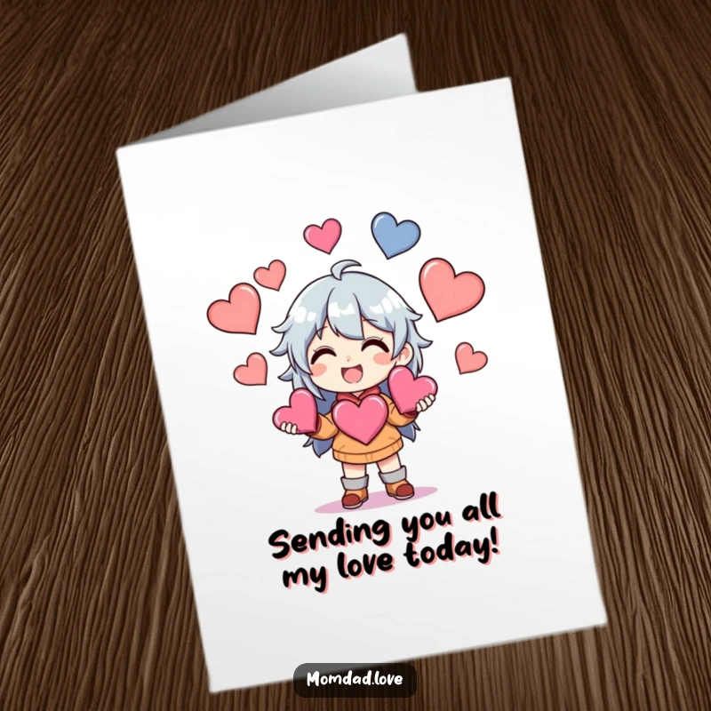 Funny free printable birthday card of an anime character grinning while expertly juggling colorful hearts.