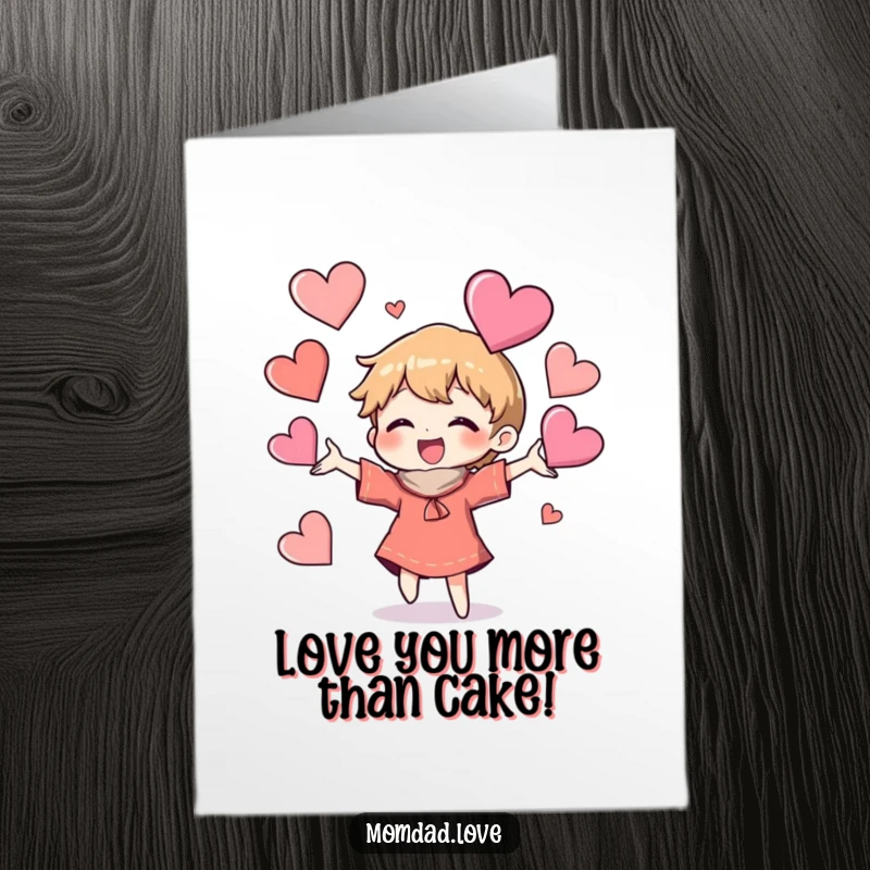 Funny Free Printable Birthday Card with a gleeful character juggling colorful, mismatched hearts with pure delight.