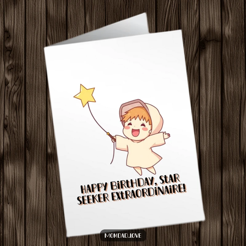 Funny Free Printable Birthday Card of a delighted figure joyfully catching a falling star with an outstretched net, celebrating wishes.