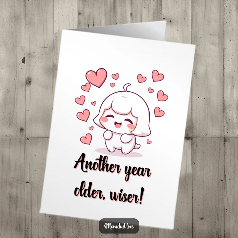 Funny free printable birthday card featuring a kawaii character giggling as a cascade of colorful hearts surrounds them.