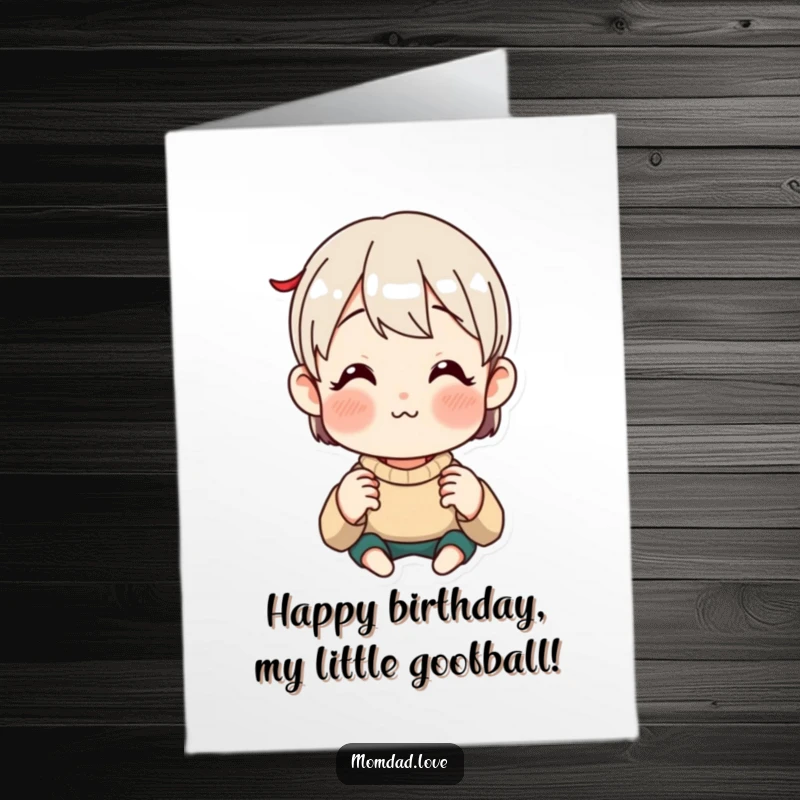 Funny free printable birthday card of an anime parent making a hilarious, exaggerated face for a child.