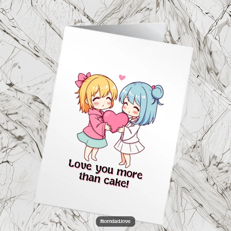 Free Printable Birthday Card: Two anime characters are affectionately embraced, surrounded by floating hearts, celebrating love.