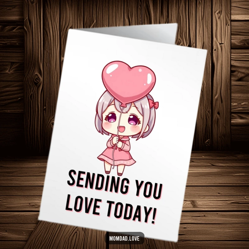 Funny Free Printable Birthday Card: An anime character happily presents a large, red heart-shaped balloon, symbolizing birthday love.