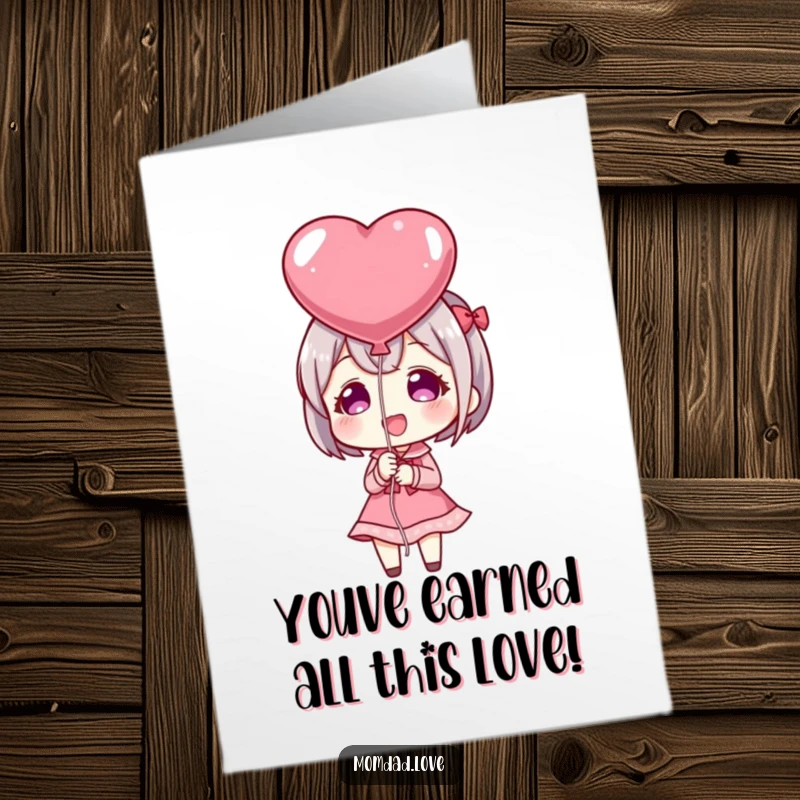 Free Printable Congratulations Card: A smiling anime character happily holds up a big, red heart-shaped balloon, celebrating success.