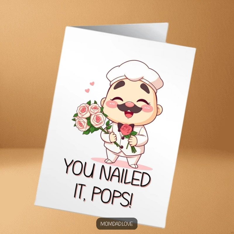 Free Printable Congrats Card: An anime papa character gives a confident wink while presenting a beautiful bouquet.