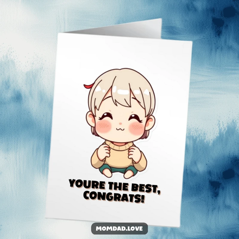 Free printable congratulations card showing an anime parent making a comical, exaggerated funny face for a child.