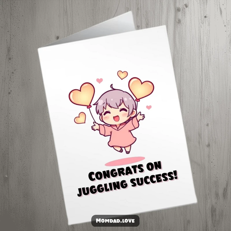 Loving Free Printable Congratulations Card: Tiny character juggling three glowing hearts, celebrating a successful and loving achievement.