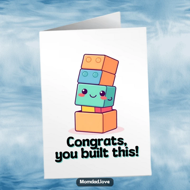 Funny Free Printable Congrats Card showing a smiling, wobbly building block tower celebrating a milestone.