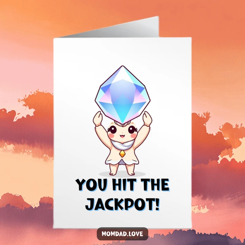 Funny Free Printable Congratulations Card: Charming character holds a massive, radiant gem, symbolizing achievement and joy.