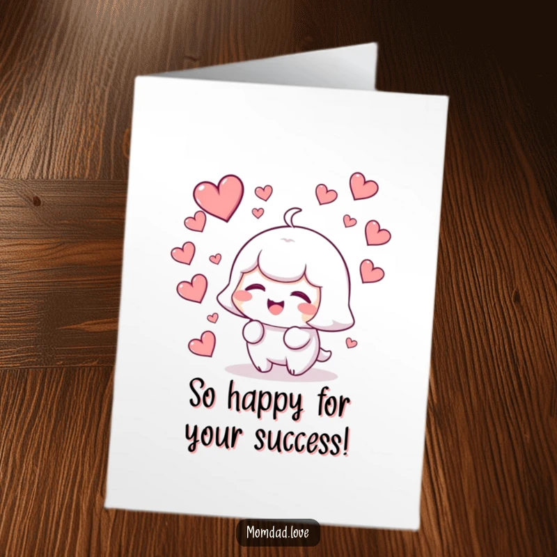 Funny free printable congratulations card with a giggling kawaii character showered by falling hearts.
