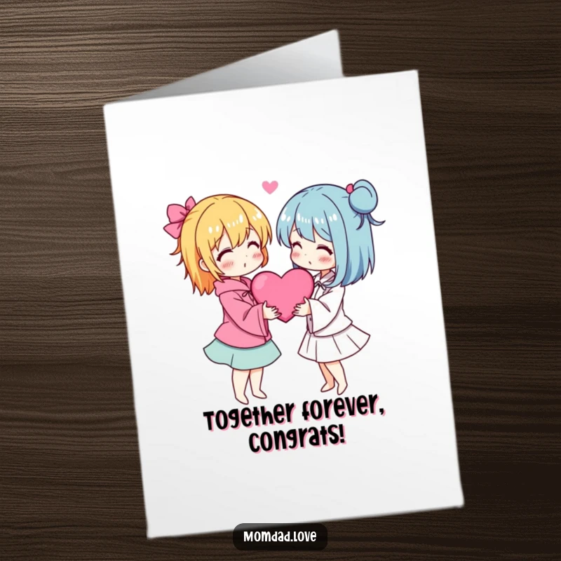 Free Printable Congrats Card: Two anime characters share an embrace, with hearts symbolizing their strong connection and happiness.