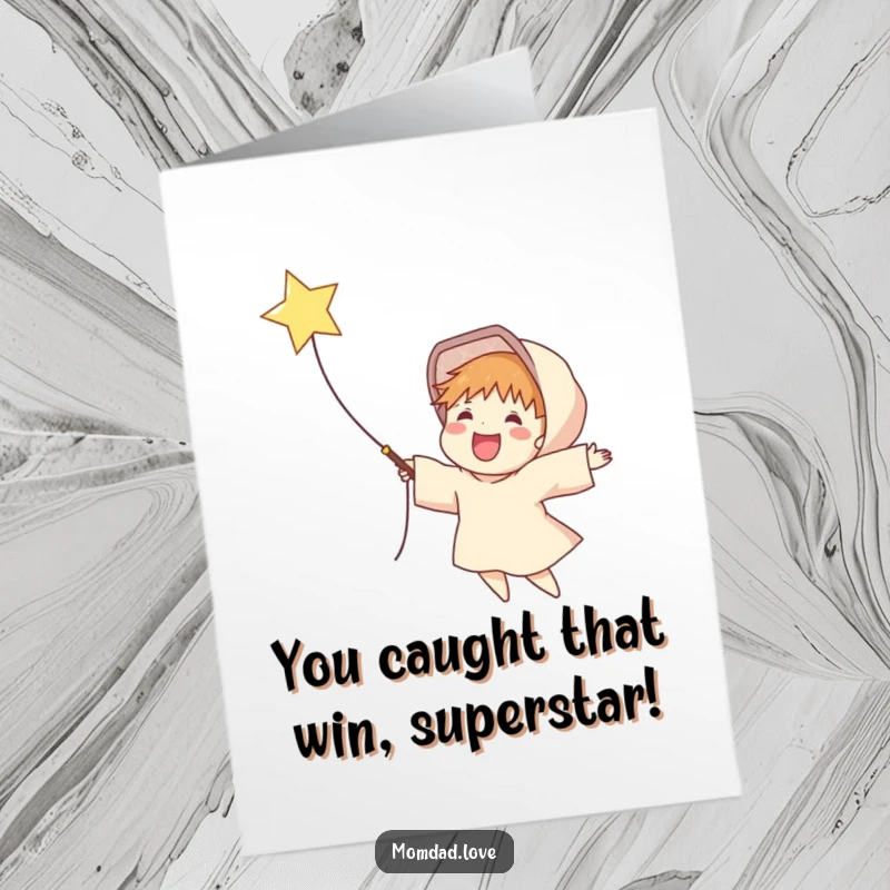 Funny Free Printable Congratulations Card featuring a delighted figure catching a falling star, celebrating a wonderful success with a net.