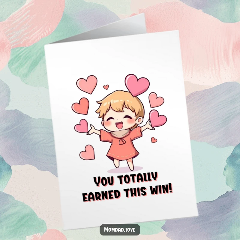 Funny Free Printable Congratulations Card featuring a lively character juggling a variety of odd but delightful heart shapes.