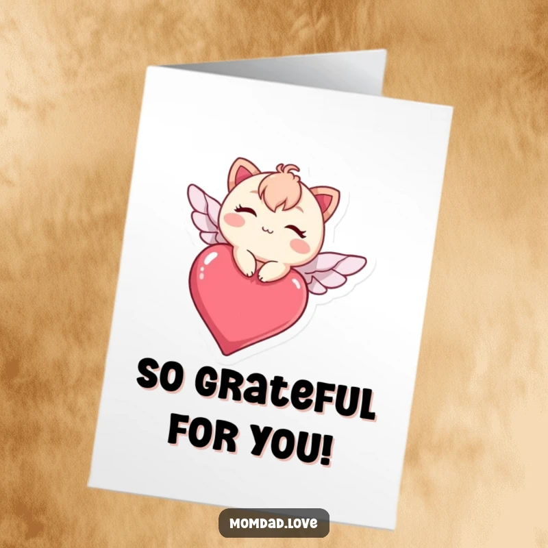 Funny free printable thank you card with a cute kawaii character winking while soaring on a heart.