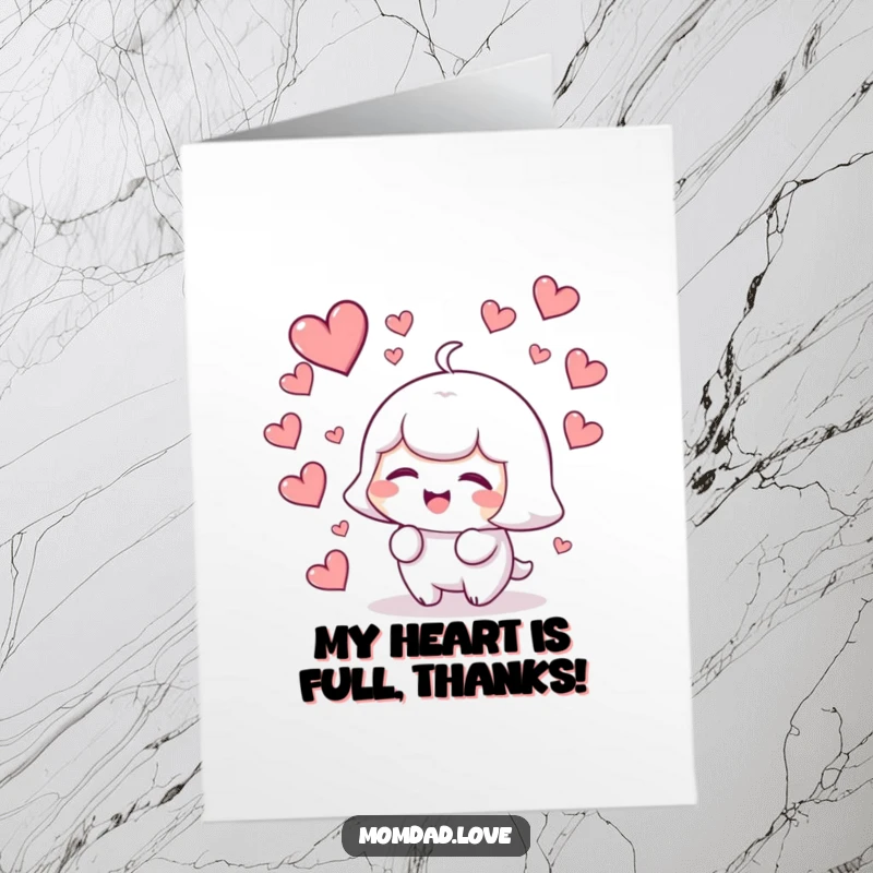 Funny free printable thank you card of a kawaii character giggling amidst a delightful fall of hearts.