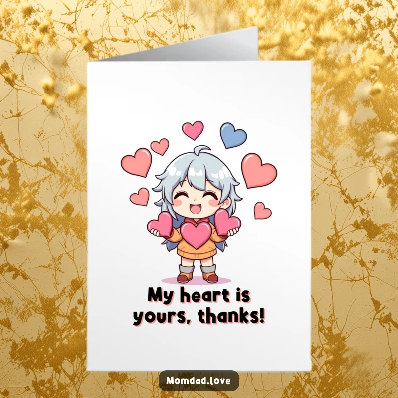 Funny free printable thank you card of an anime character grinning while juggling a cascade of loving hearts.
