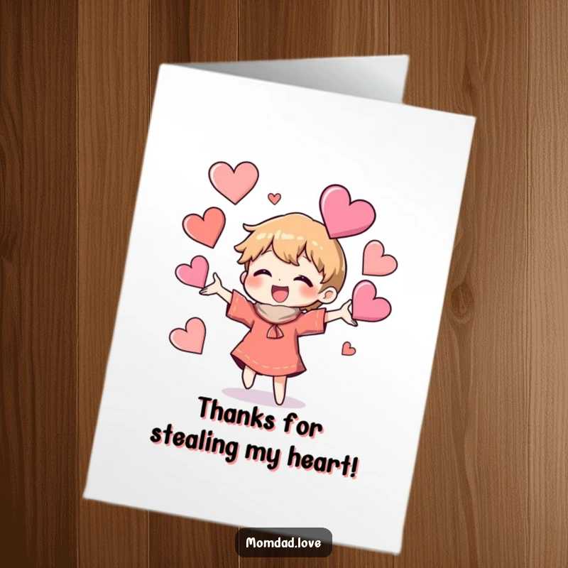 Funny Free Printable Thank You Card of a character happily juggling a chaotic yet charming assortment of heart shapes.