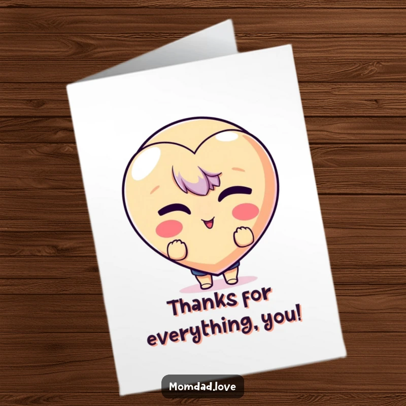 Funny Free Printable Thank You Card with a character slyly peeking from behind a giant, winking heart emoji.