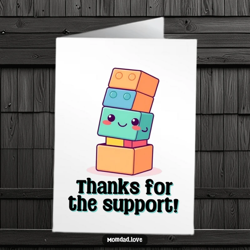Funny Free Printable Thank You Card with a gently smiling, wobbly building block tower expressing thanks.