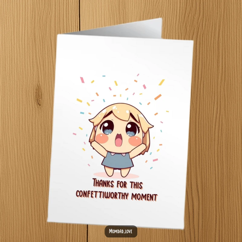 Funny free printable thank you card: a character looks up in happy surprise amidst a rain of confetti.