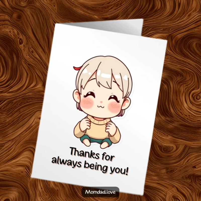 Funny free printable thank you card of an anime parent making a goofy, exaggerated funny face.