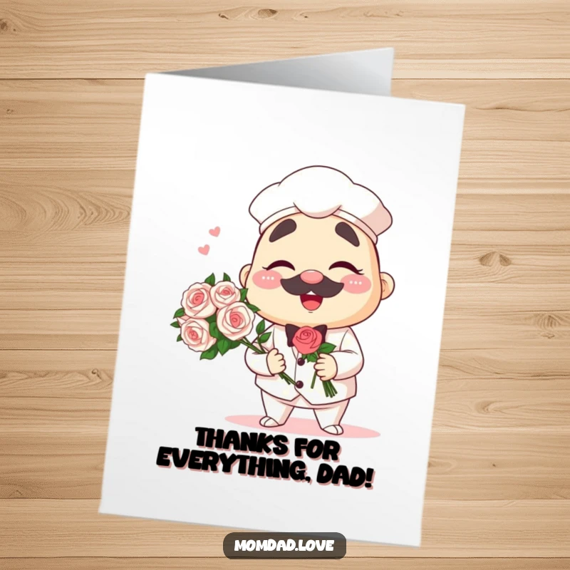 Free Printable Thank You Card: A charming anime papa character winks and holds a lovely bouquet as a thank you.